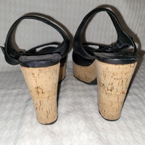 Authentic Fendi Black Leather Ankle Strap Cork Wedge Platform Heels Size 38/US 8 - Picture 7 of 16